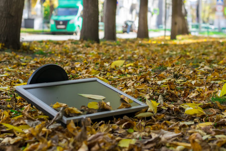 Monitor from the computer is on the fall yellow foliage in the yard on the street