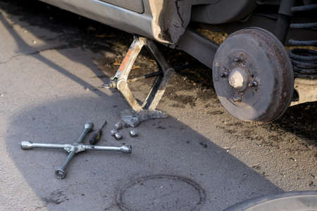 The car is mounted on the jackの写真素材