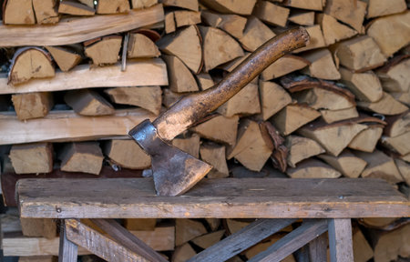 The ax on the background of firewood
