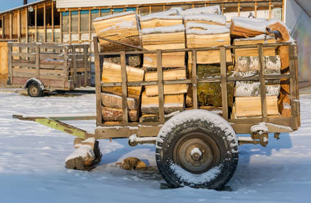 trailer for transportation of firewood in winterの写真素材