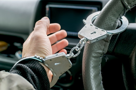 car driver hand handcuffed to steering wheel, arrest, driving ban
