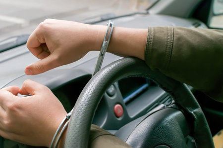 car driver hands handcuffed to the steering wheel, arrest, driving ban by traffic violatorの写真素材