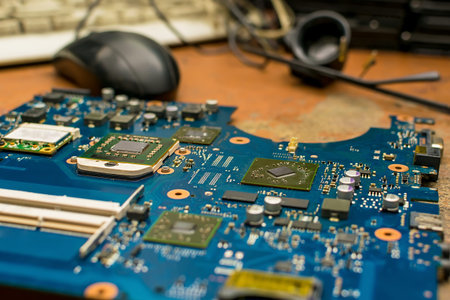the motherboard from the computer on the table of the service center