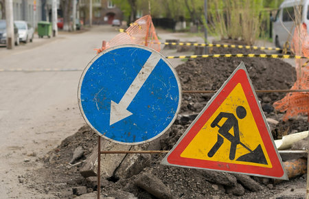 road sign, detour, road repair