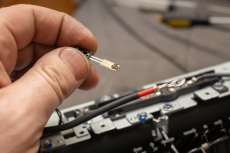 stuck dirt, dust on the thermal sensor of the printer in the hand of a repairman, foreman, service...
