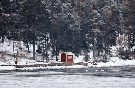 Sweden house in the wintertime. Nature on the shore of the fjord.の写真素材