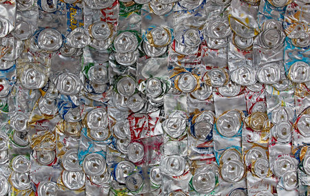 Wall of aluminum cans. Compressed can background close up. aluminum cans. recycling