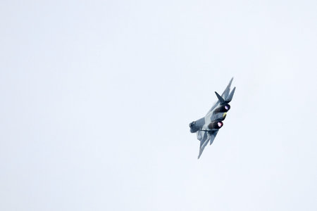 New Russian five generation's fighter SU 57 (T-50) shows demonstration flight at Moscow salon MAKS...