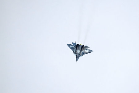 New Russian five generation's fighter SU 57 (T-50) shows demonstration flight at Moscow salon MAKS...