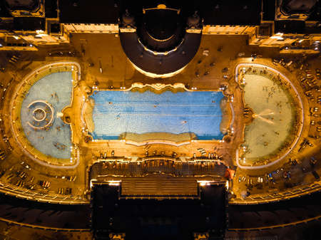 Szechenyi Baths in Budapest. aerial view of illuminated The biggest bath complex in Europe. Budapest, Hungary. 15.09.2017.のeditorial素材