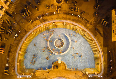 Szechenyi Baths in Budapest. aerial view of illuminated The biggest bath complex in Europe. Budapest, Hungary. 15.09.2017.のeditorial素材
