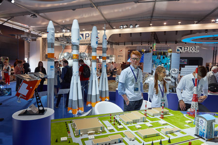 Space rockets mock-up models. Russian space pavilion. Aerospace equipment. Cosmos rockets....