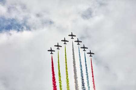 Aerobatic Team Al Fursan (Fursan Al Emarat) performs the show with Aermacchi MB-339 aircraft at MAKS-2017 Salon. ZHUKOVSKY, RUSSIA - JULY19のeditorial素材