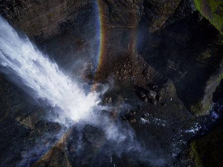 Haifoss waterfall in the highlands of Iceland, Aerial view. Dramatic landscape of Waterfall in...