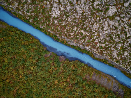 Lava Fields of Iceland top view from drone of the Aerial view. rocks, river and forest