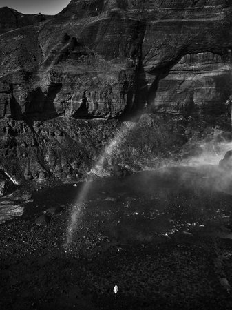 Haifoss waterfall in the highlands of Iceland, Aerial view. Dramatic landscape of Waterfall in...