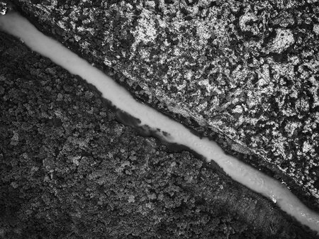 Lava Fields of Iceland top view from drone of the Aerial view. rocks, river and forest