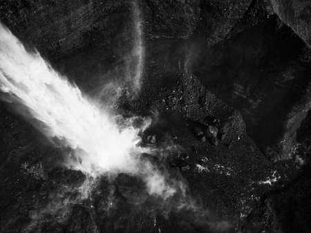 Haifoss waterfall in the highlands of Iceland, Aerial view. Dramatic landscape of Waterfall in Landmannalaugar canyonの写真素材