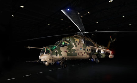 Mil Mi-35P, Mi-24P Variant 2019, Phoenix, modern attack helicopter in the dark, lit by spotlights....