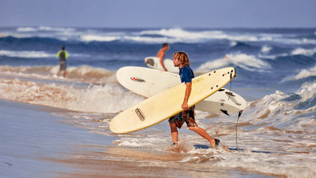 Surfers on the beach. morning on ocean beach. Water sport activity. Atlantic Ocean, Dominican...