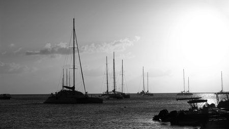 Yachts in the Bay. Silhouettes of yachts at sunset.の写真素材