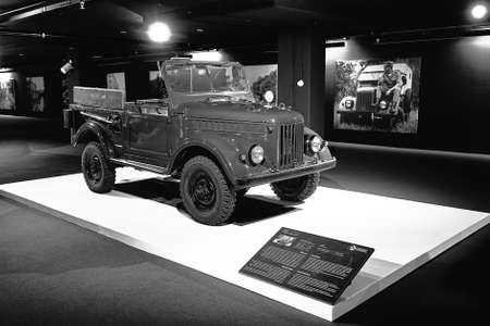 GAZ-69 Army Truck. All terrain vehicle 1970 vehicle. Made in USSR. Retro car on exhibition. Classic Car exhibition - Heydar Aliyev Center, Baku, Azerbaijan - 26,04,2017のeditorial素材