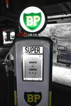 Retro gas station. Antique gas pump. Classic Car exhibition - Heydar Aliyev Center, Baku, Azerbaijan...
