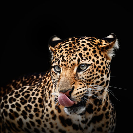 Leopard portrait on dark background. Panthera pardus kotiya, Big spotted cat lying.の写真素材