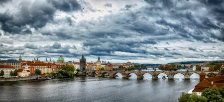 Aerial view of Old Town and bridges over Vltava River in Prague, Czech Republic.の写真素材