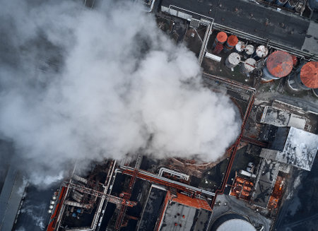 Smoking pipes of thermal power plant. Aerial view. Pipes of thermal power plant. heating of the city. heating season.の写真素材