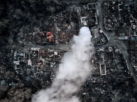 Old home after fire and burned everything in the area. top view and Take from drone.の写真素材