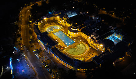 Szechenyi Baths in Budapest. aerial view of illuminated The biggest bath complex in Europe. Budapest, Hungary. 09/15/2017のeditorial素材
