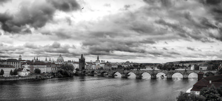 Aerial view of Old Town and bridges over Vltava River in Prague, Czech Republic.の写真素材