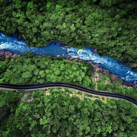 Aerial view of Mountain river and road. Mountain gorge. gorge of the White river. Caucasus, Russiaの写真素材