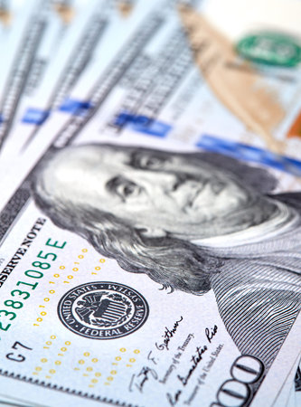 Dollars Closeup Concept. American Dollars Cash Money. One Hundred Dollar Banknotes.