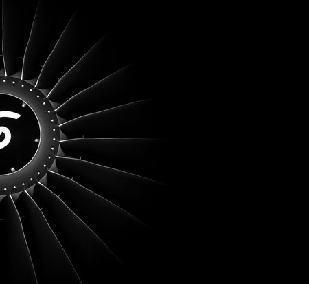 Engine airplane. close up of turbojet of aircraft on black background.