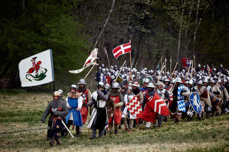 Warrior of medieval Europe. Medieval battle (reconstruction) Czech Republic, Libusin, 25 04 2015のeditorial素材