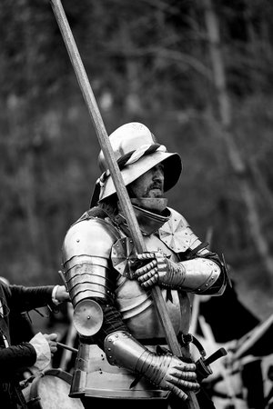 Warrior of medieval Europe. Medieval battle (reconstruction) Czech Republic, Libusin, 25 04 2015のeditorial素材