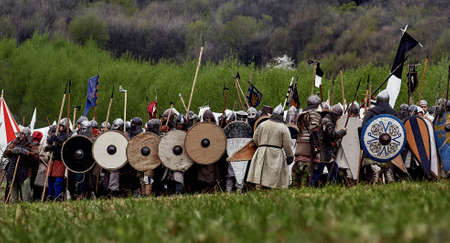 Warrior of medieval Europe. Medieval battle (reconstruction) Czech Republic, Libusin, 25 04 2015のeditorial素材