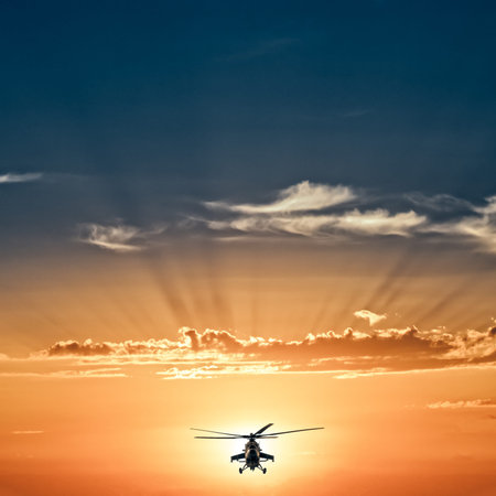 Russian Combat helicopters, Mi-35, warm sunsetの写真素材