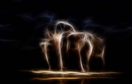 Group of elephants at the watering. Elephant family. storm in the savannahの写真素材