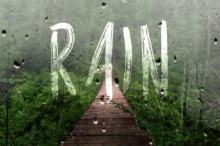 Suspension bridge behind the glass, rain, tropical downpourの写真素材