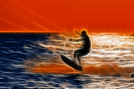 Kitesurfer in the sea at sunset, large abstract painting