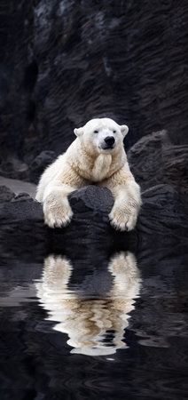 White bear on the rocks, Lying polar bear situated on a rock, reflected in waterの写真素材