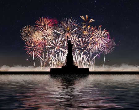 Statue of Liberty on the background of fireworks and starry skyの写真素材