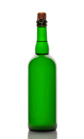 dark glas beer bottles and cork with golden wire, isolated on white backgroundの写真素材