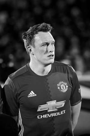 Phil Jones in match 1 8 finals of the Europa League between FC Rostov and Manchester United, 09 March 2017 in Rostov-on-Don, Russia.のeditorial素材
