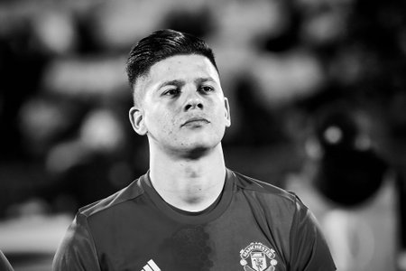 Marcos Rojo in match 1 8 finals of the Europa League between FC Rostov and Manchester United, 09 March 2017 in Rostov-on-Don, Russia.のeditorial素材