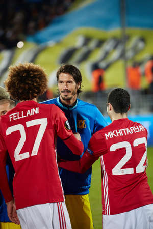 Greeting teams - Marouane Fellaini and Henrikh Mkhitaryan (MU), Match between the football club Rostov and the football club Manchester United in the city of Rostov-on-Don. 09.03.2017のeditorial素材
