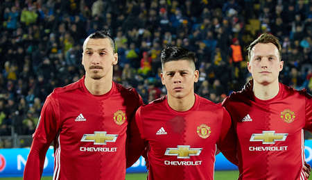 Primary Players (Zlatan Ibrahimovic, Marcos Rojo, Phil Jones) in match 1 8 finals of the Europa League between FC Rostov and Manchester United, 09 March 2017 in Rostov-on-Don, Russia.のeditorial素材